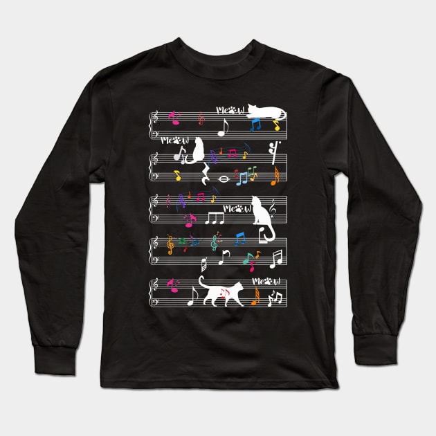 Cute Cat Kitty Playing Music Note Clef Musician Art 2023 Long Sleeve T-Shirt by Adam4you